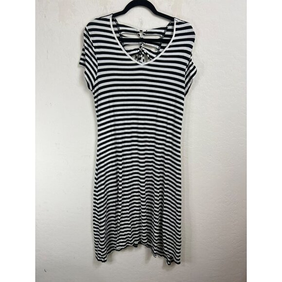 Chicos Sz 2 (US 12) V Neck T Shirt Midi Dress Black White Horizontal Stripe Fun - Picture 1 of 8
